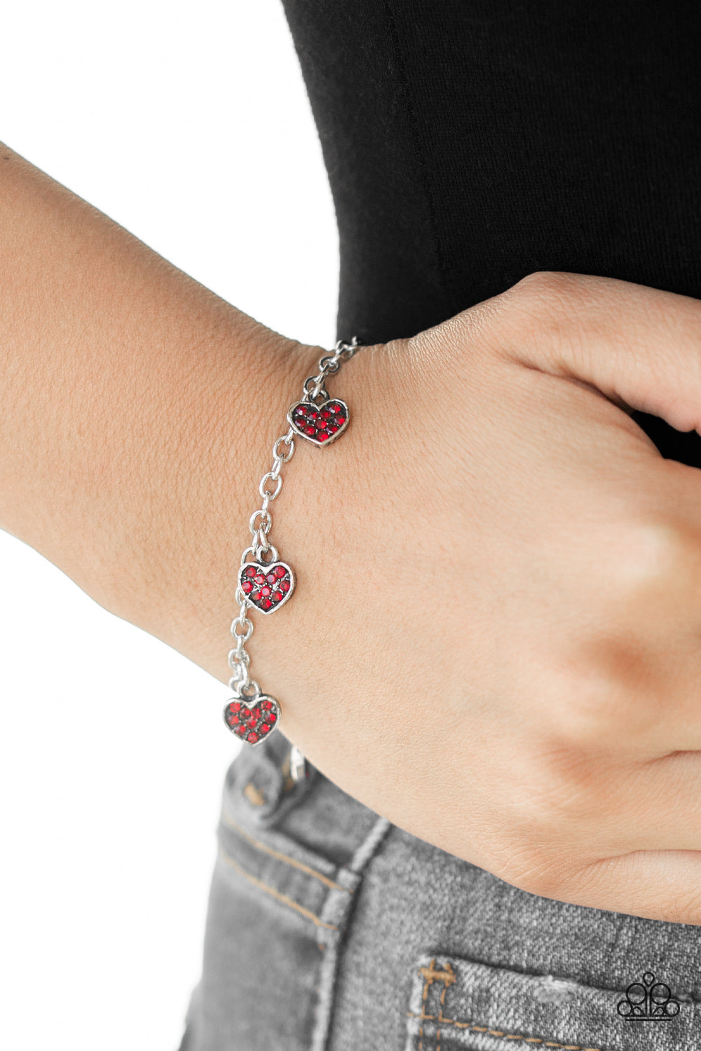 VALENTINE VIBES - RED RUBY RHINESTONES HEART CHARMS BRACELET