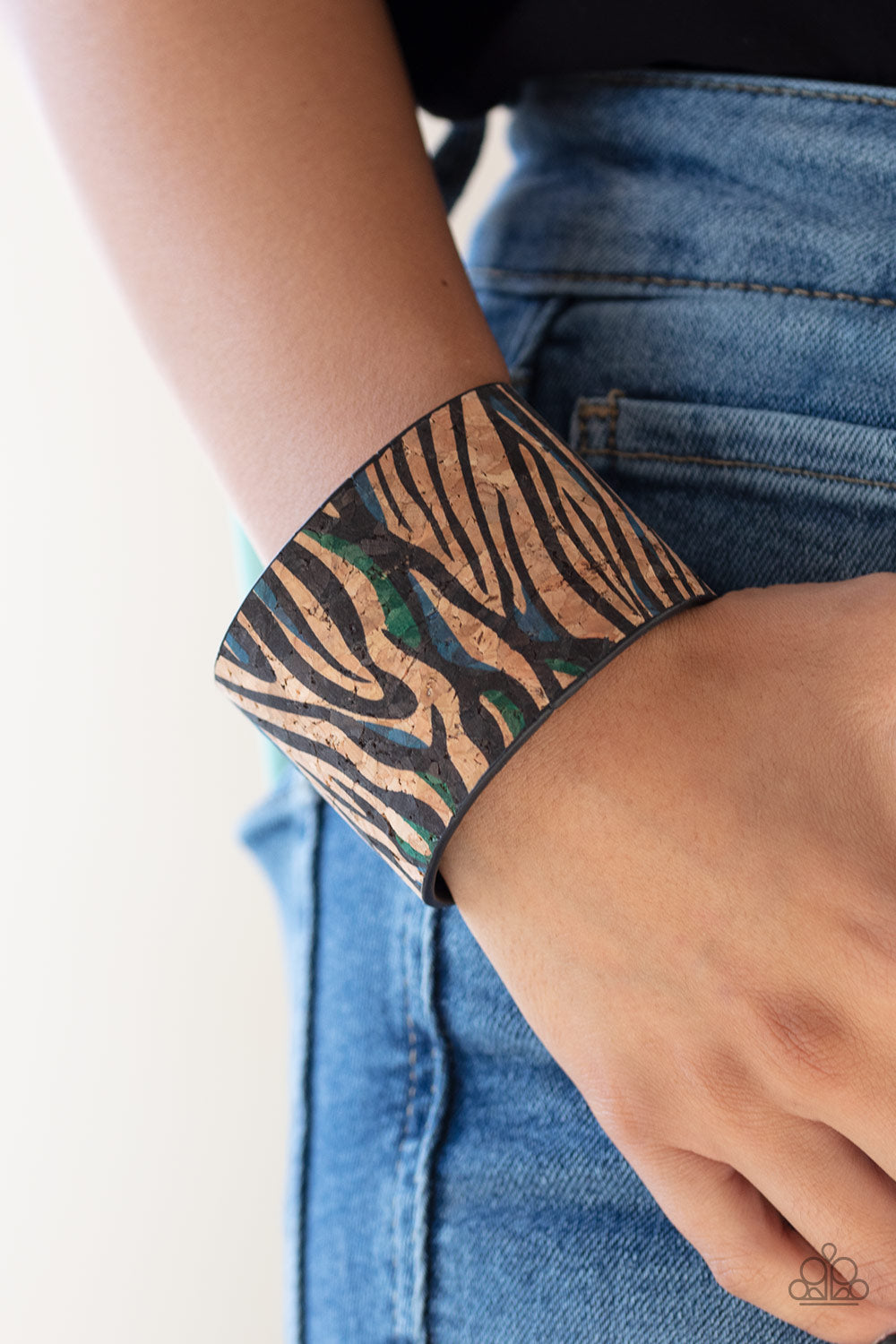 SHOW YOUR TRUE STRIPES - BLUE ANINAL PRINT ZEBRA CORK CUFF BRACELET