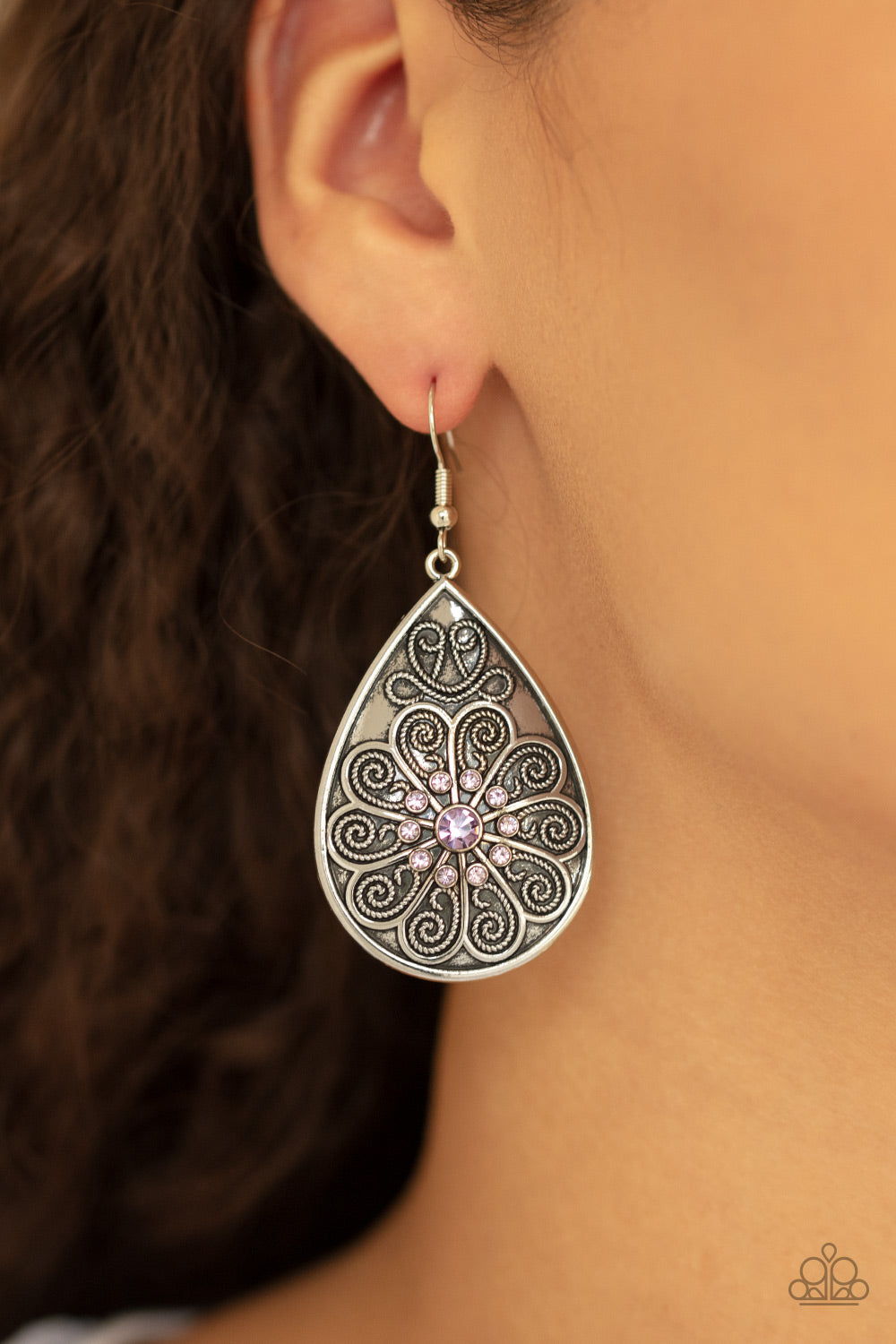 BANQUET BLING - PURPLE RHINESTONE SILVER FLOWER FILIGREE TEARDROP EARRINGS