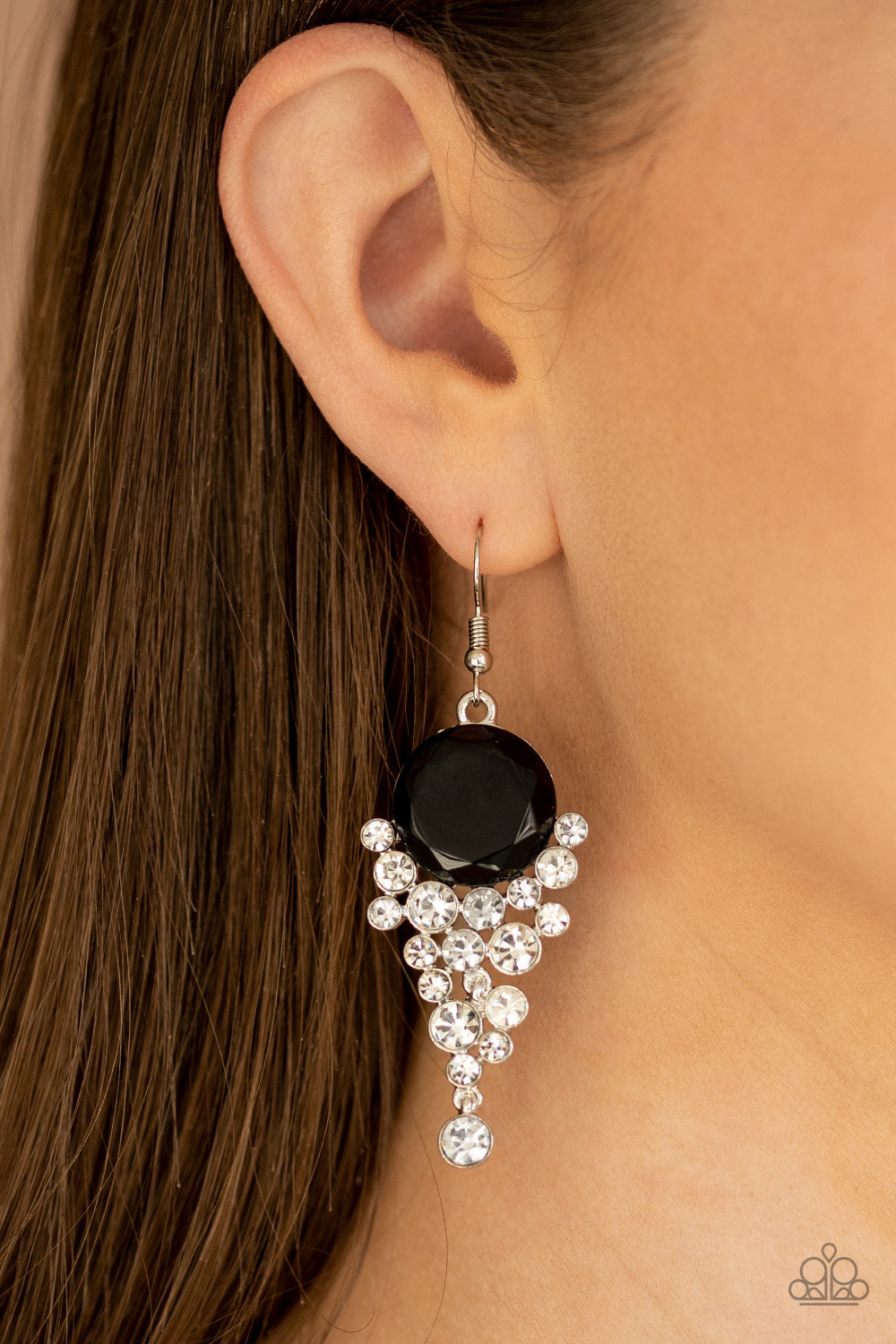 ELEGANTLY EFFERVESCENT - BLACK ONYX RHINESTONE BUBBLY CLEAR RHINESTONES EARRINGS