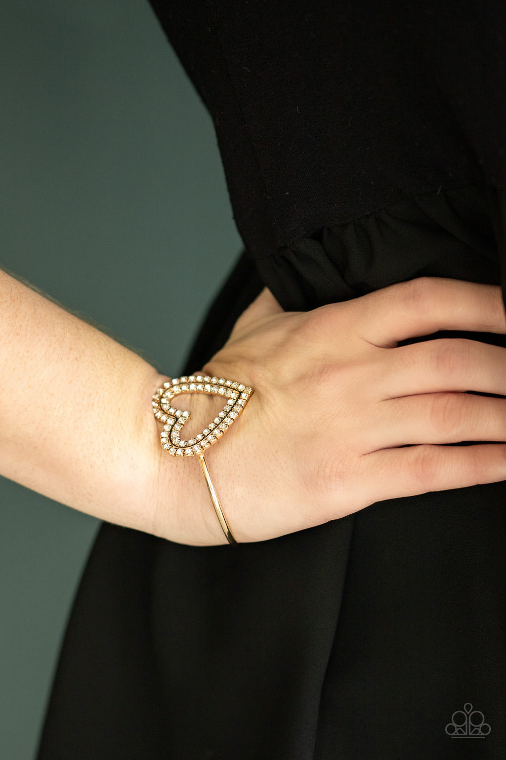 HEART OPENER - GOLD WHITE RHINESTONES HEARTS CUFF BRACELET