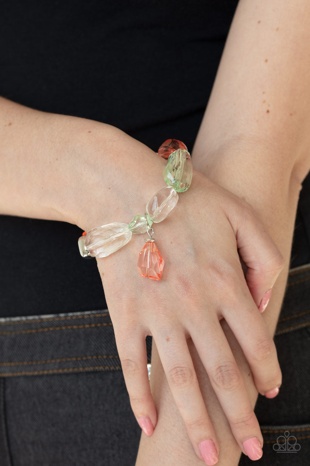 GEMSTONE GLAMOUR - MULTI ORANGE GREEN CLEAR ACRYLIC BRACELET