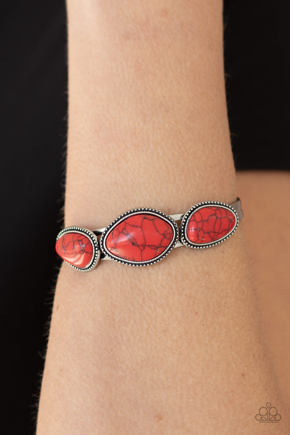 STONE SOLACE - RED 3 TURQUOISE SILVER CUFF BRACELET
