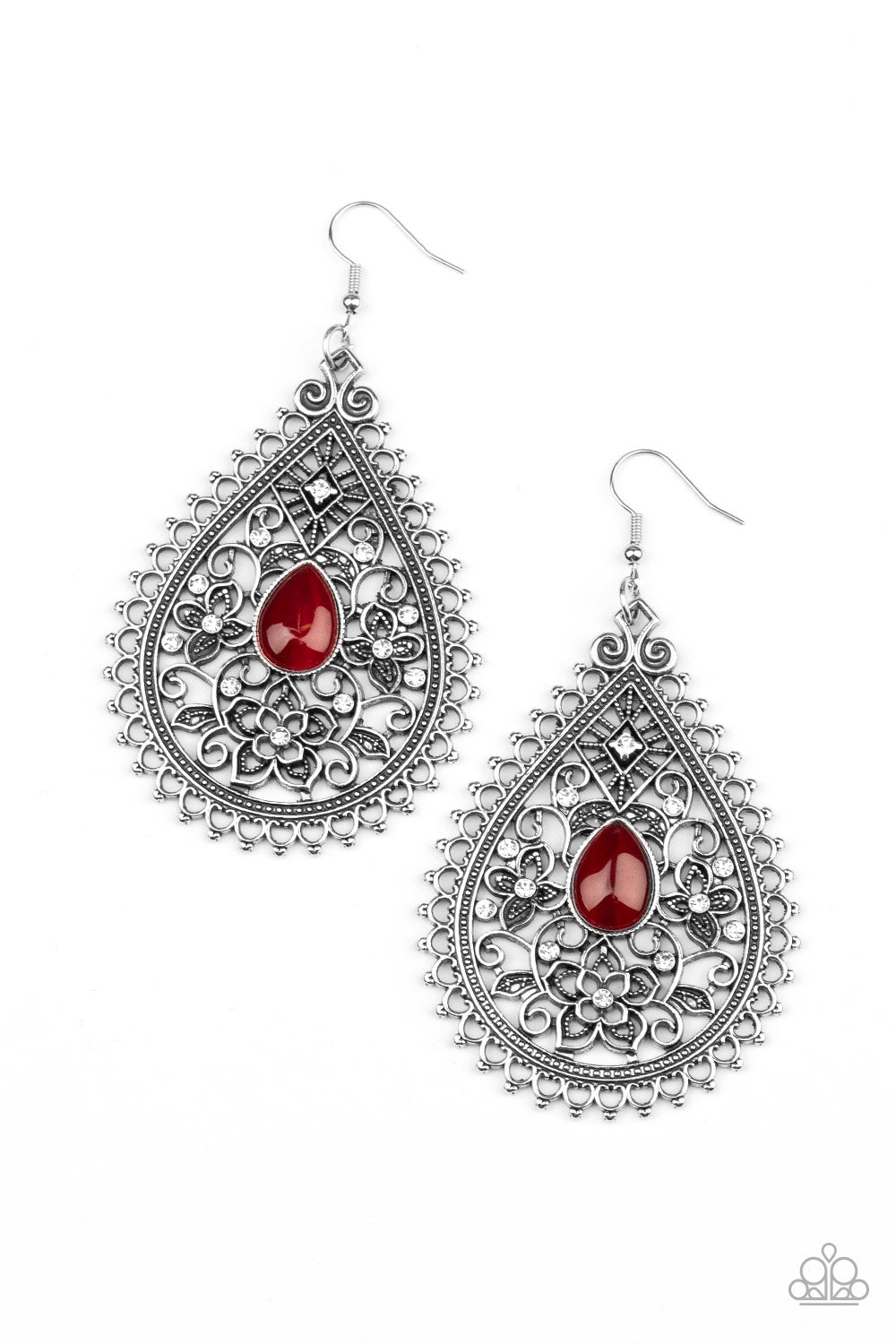 EDEN GLOW - RED MOONSTONE SILVER TEARDROP SCALLOPED FLORAL FLOWER EARRINGS