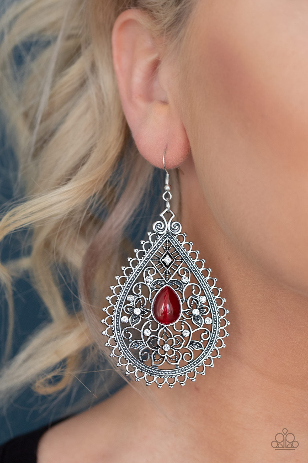 EDEN GLOW - RED MOONSTONE SILVER TEARDROP SCALLOPED FLORAL FLOWER EARRINGS