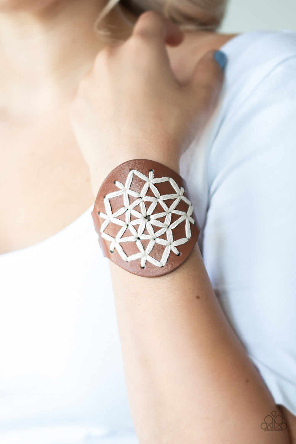 A CROSS-STITCH IN TIME - BROWN STITCHED LEATHER WRAP BRACELET