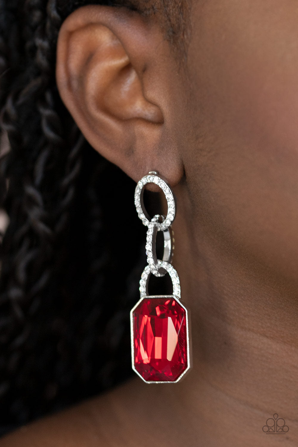 SUPERSTAR STATUS - RED RUBY RHINESTONE EMERALD CUT PENDANT EARRINGS