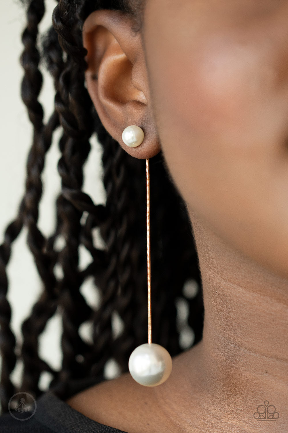 EXTENDED ELEGANCE - GOLD CHAIN WHITE PEARLS DANGLE DOUBLE POST EAR JACKET EARRINGS