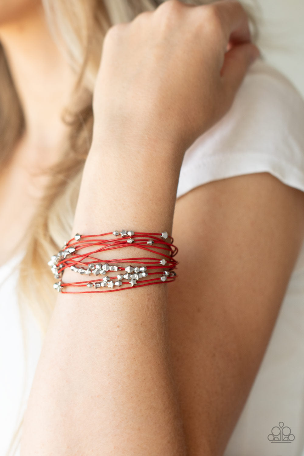 STAR-STUDDED AFFAIR - RED CORD SILVER SLIDING STARS MAGNETIC BRACELET