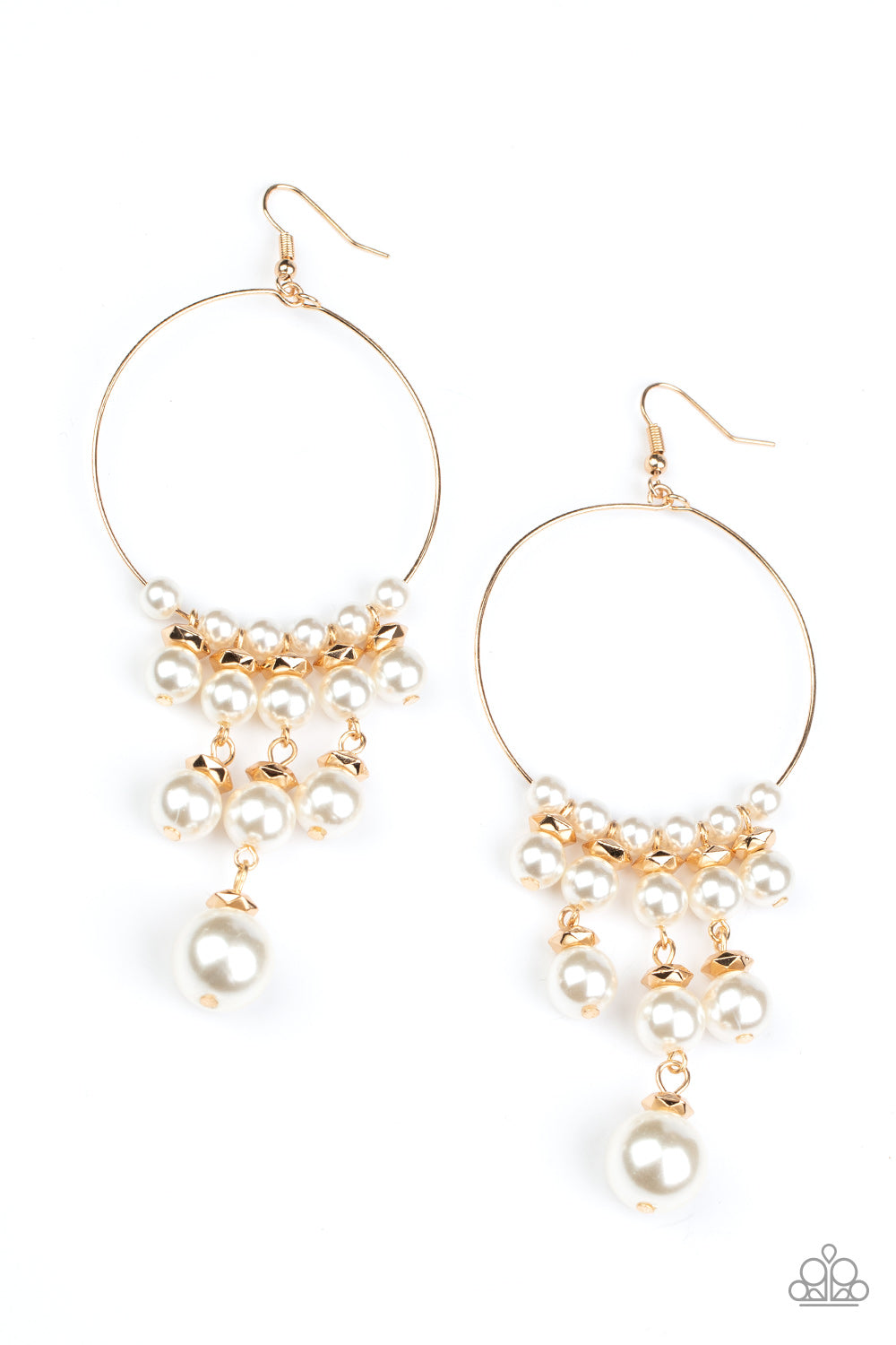 WORKING THE ROOM - GOLD WIRE HOOPS WHITE PEARLS FRINGE EARRINGS