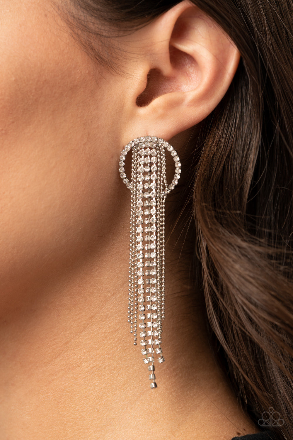 DAZZLE BY DEFAULT - WHITE RHINESTONES CIRCLE CHAINS FRINGE LIFE OF THE PARTY POST EARRINGS