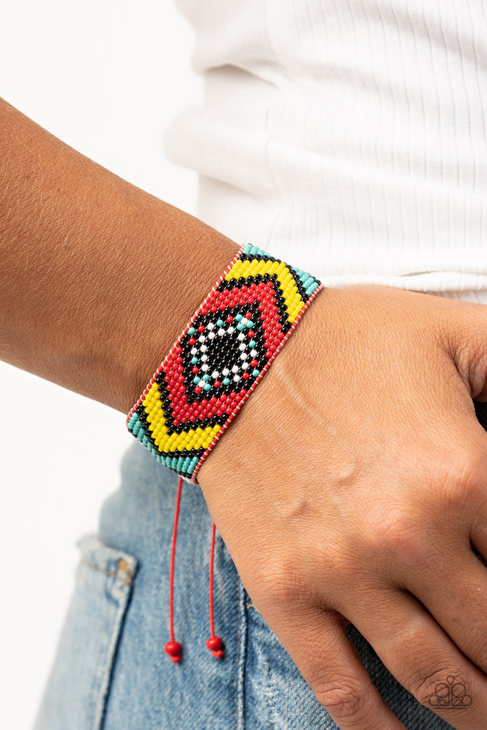 DESERT DIVE - RED TUQUOISE BLUE YELLOW BLACK WHITE TRIBAL SEED BEAD BRACELET