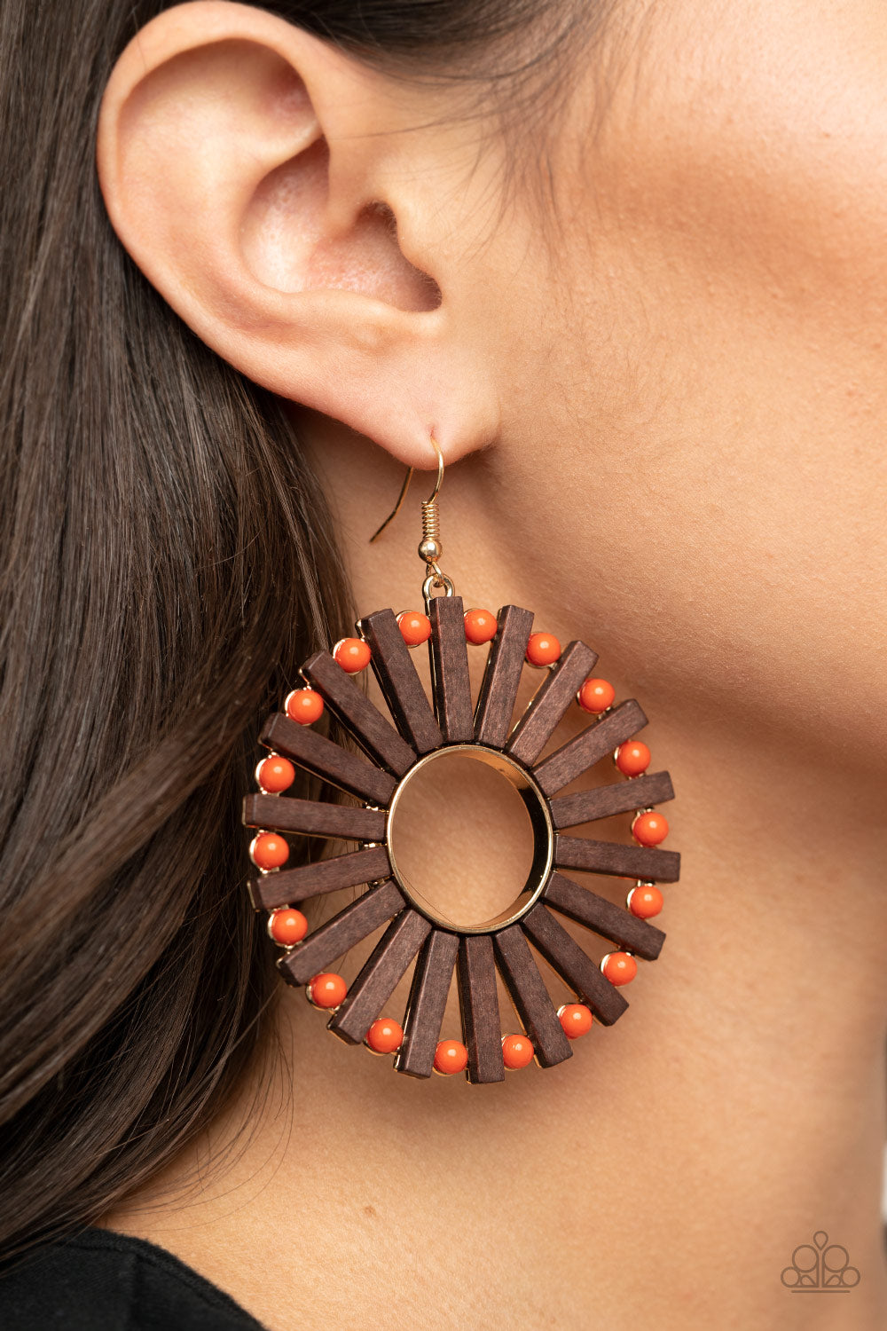 SOLAR FLARE - ORANGE BROWN SUN BURST WOODEN EARRINGS