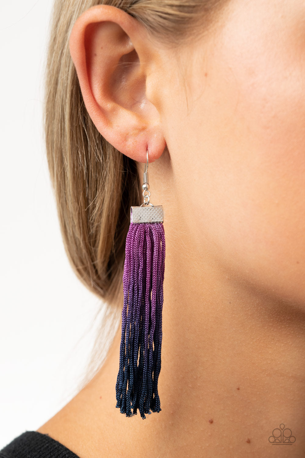 DUAL IMMERSION - PURPLE DIPPED TIE DYE THREAD FRINGE TASSEL EARRINGS