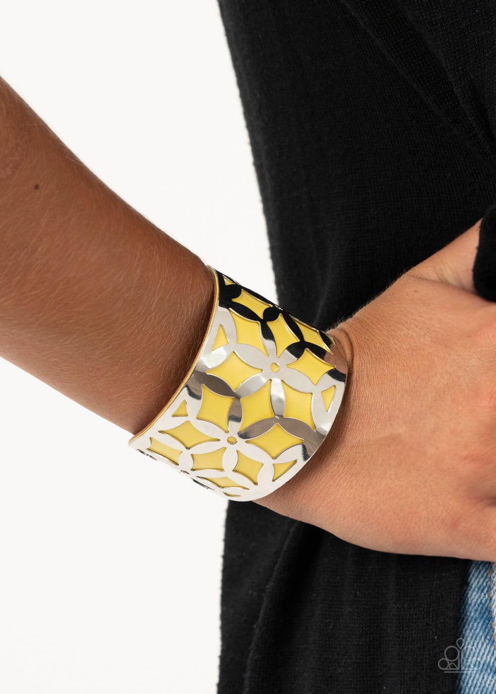 GARDEN FIESTA - YELLOW AND SILVER FLORAL OVERLAY CUFF BRACELET