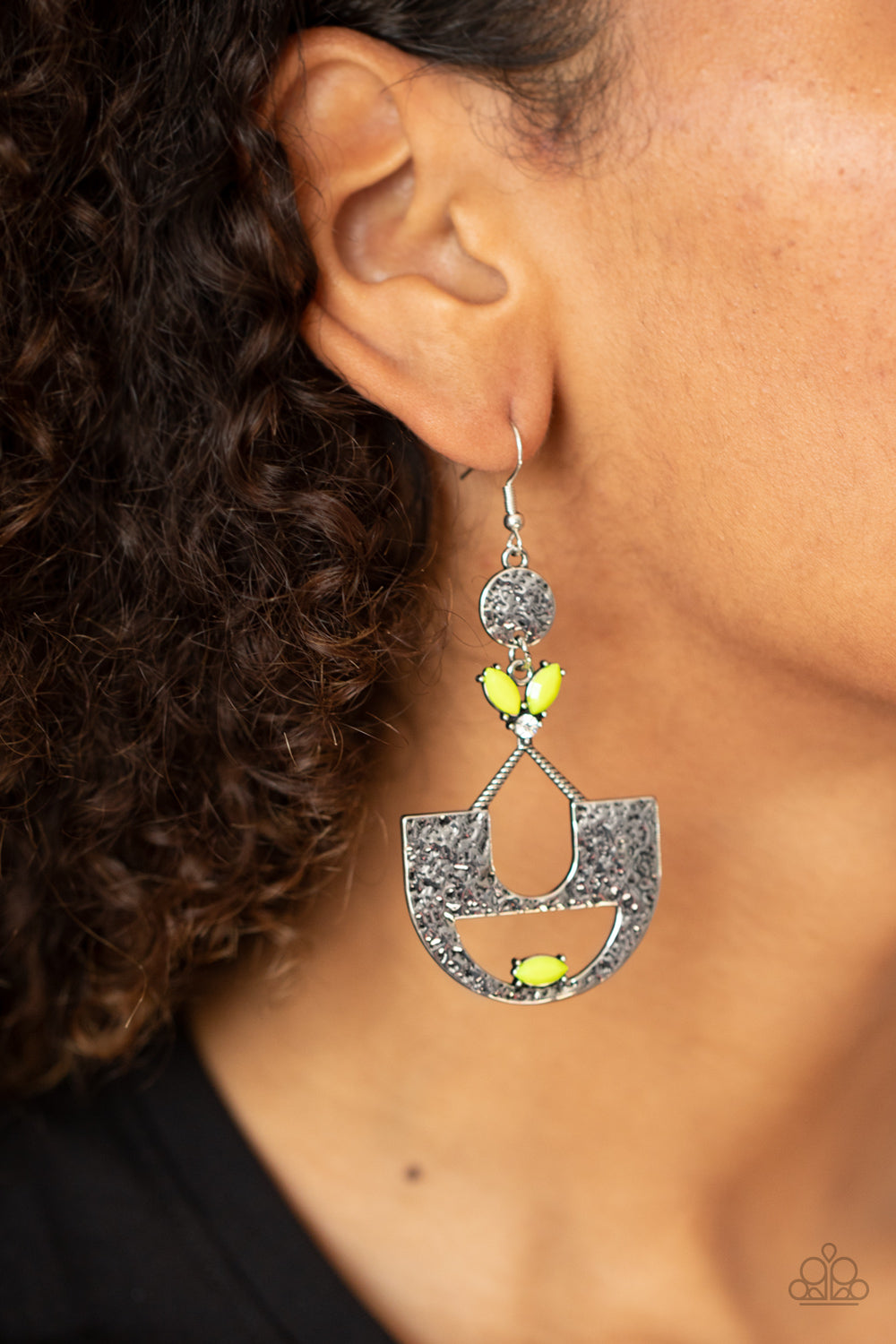 MODERN DAY MECCA - YELLOW NEON BEADS TEXTURED SILVER EARRINGS