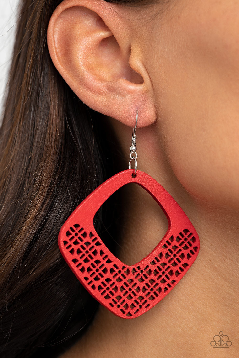WOOD YOU RATHER - RED SQUARE DIAMOND CUTOUT WOODEN EARRINGS