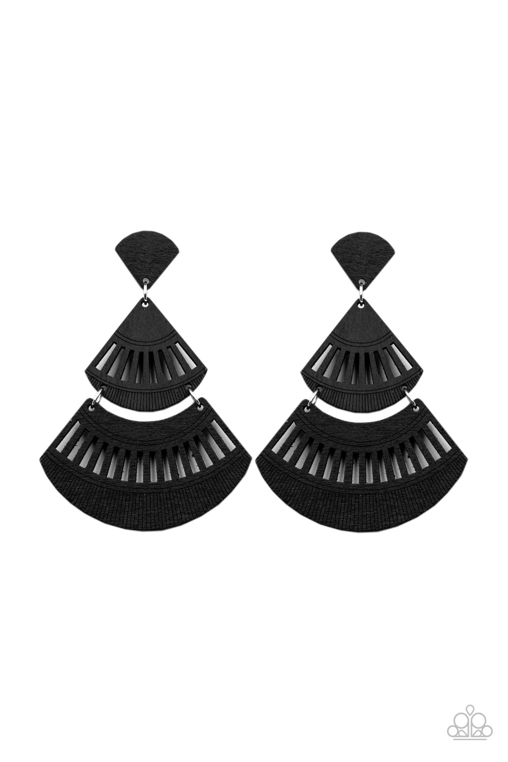 ORIENTAL OASIS - BLACK WOODEN CUTOUT DOUBLE FAN POST EARRINGS