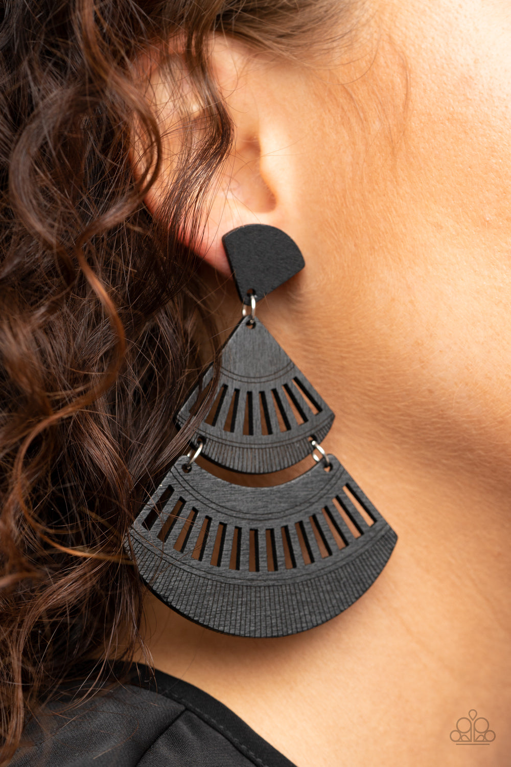 ORIENTAL OASIS - BLACK WOODEN CUTOUT DOUBLE FAN POST EARRINGS