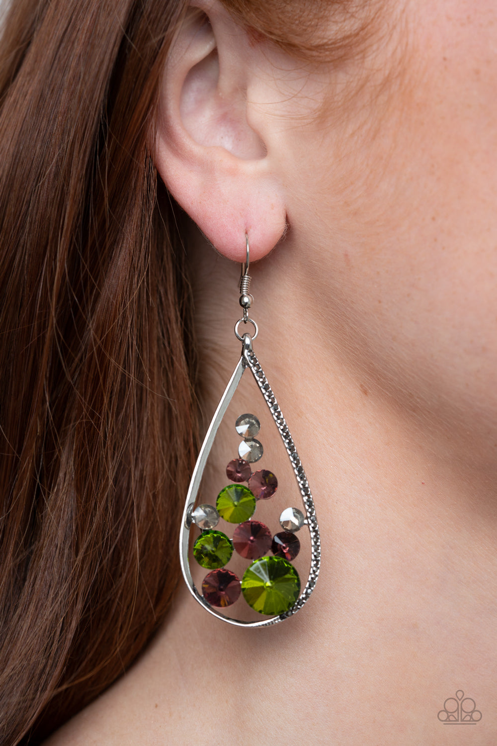 TEMPEST TWINKLE - MULTI GREEN PURPLE SMOKY RIVOLI RHINESTONES SILVER TEARDROP EARRINGS