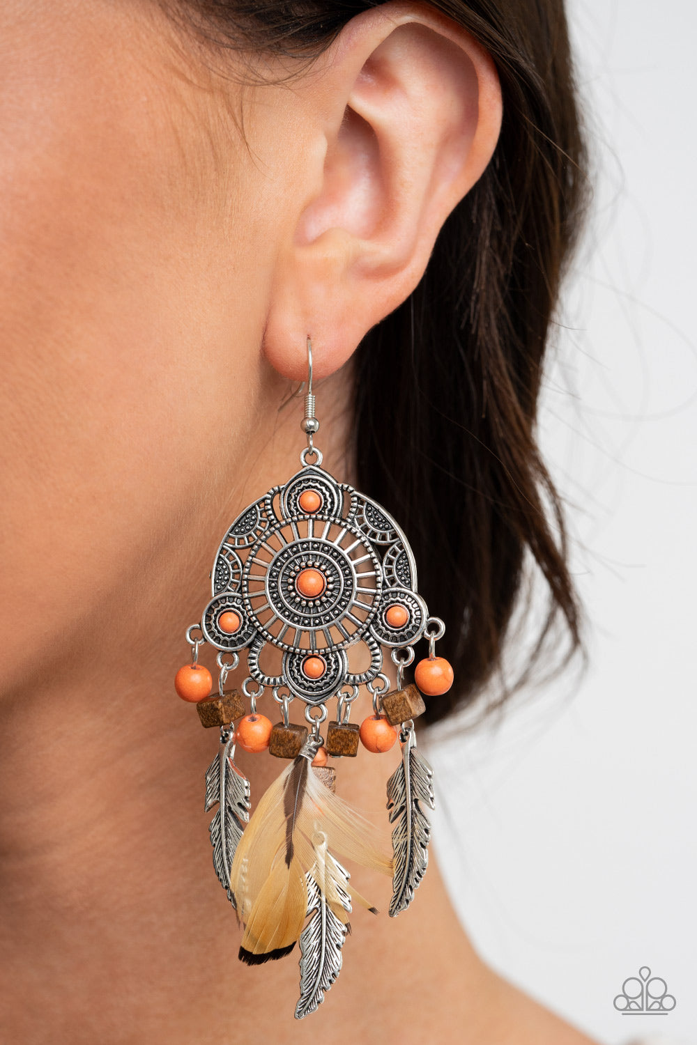 DESERT PLAINS - ORANGE STONE WOODEN BEADS FEATHERS CIRCLE BOHEMIAN STYLE TRIBAL EARRINGS
