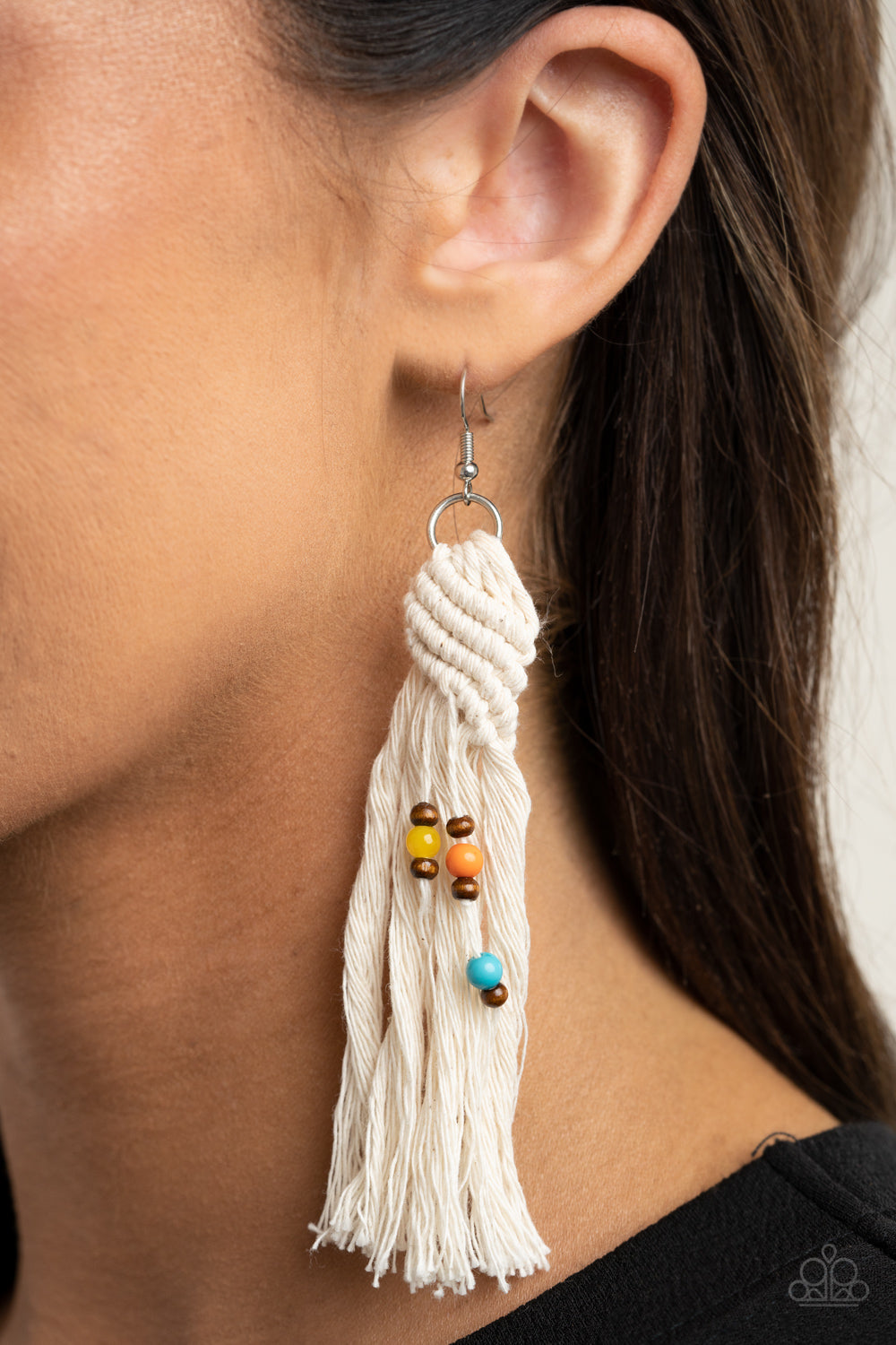 BEACH BASH - MULTI WOODEN BEADS MACRAME THREAD FRINGE EARRINGS