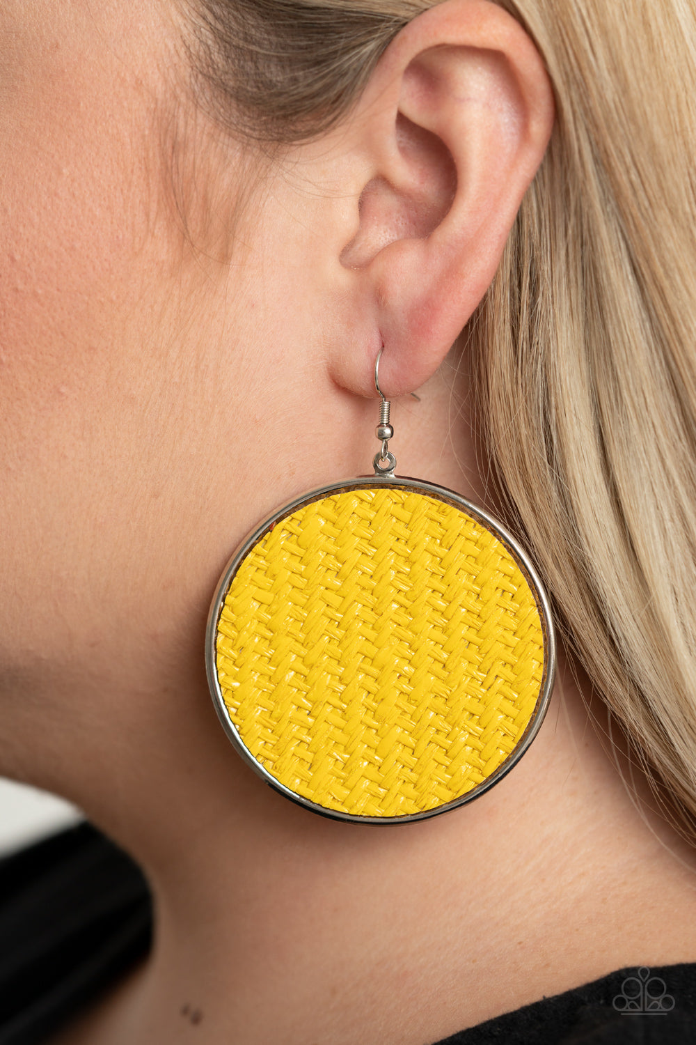 WONDERFULLY WOVEN - YELLOW TWINE WEAVE SILVER CIRCLE FRAME EARRINGS