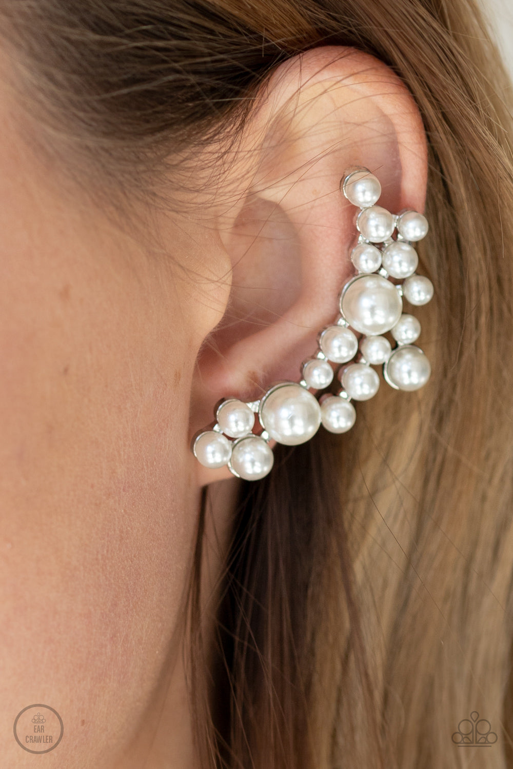METRO MAKEOVER - WHITE PEARLS SILVER CRESCENT EAR CRAWLER EARRINGS