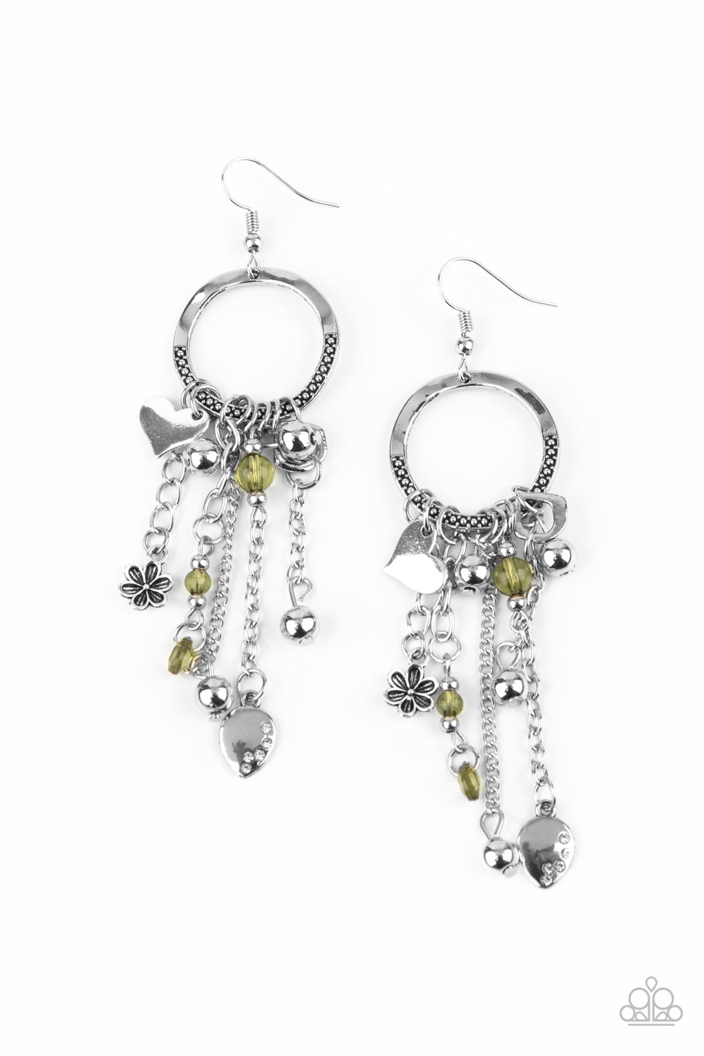 CHARM SCHOOL - GREEN BEADS FRINGE FLOWER HEART CIRCLE EARRINGS