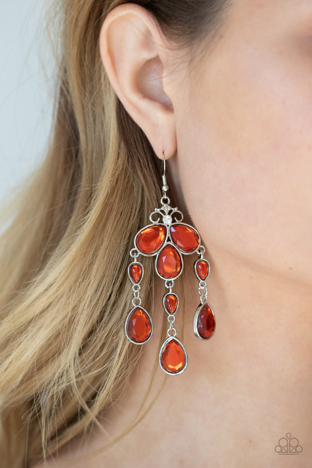 CLEAR THE HEIR - ORANGE RHINESTONES FRINGE EARRINGS
