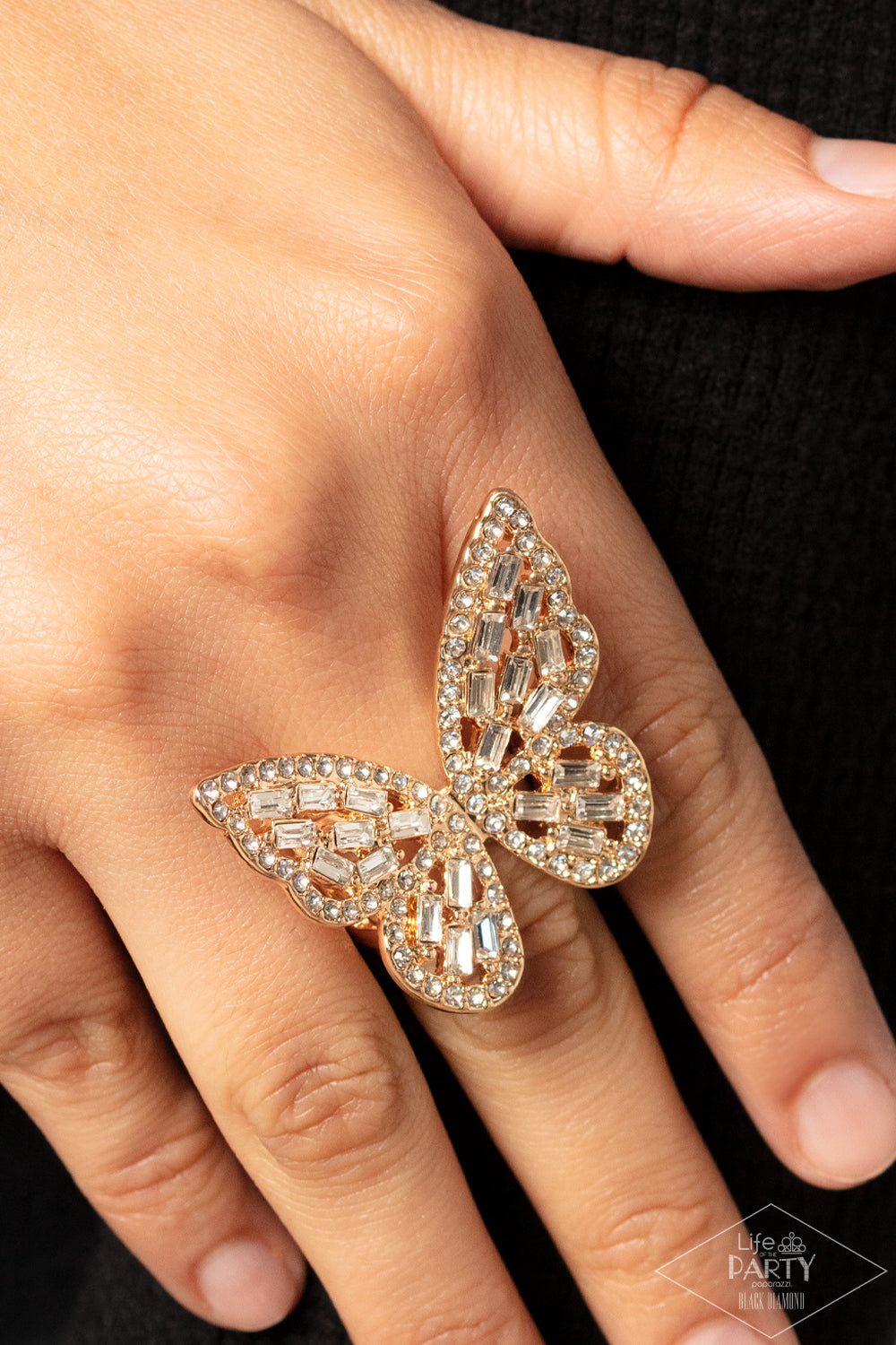 FLAUNTABLE FLUTTER - GOLD BUTTERFLY RING CLEAR RHINESTONES BAGUETTES