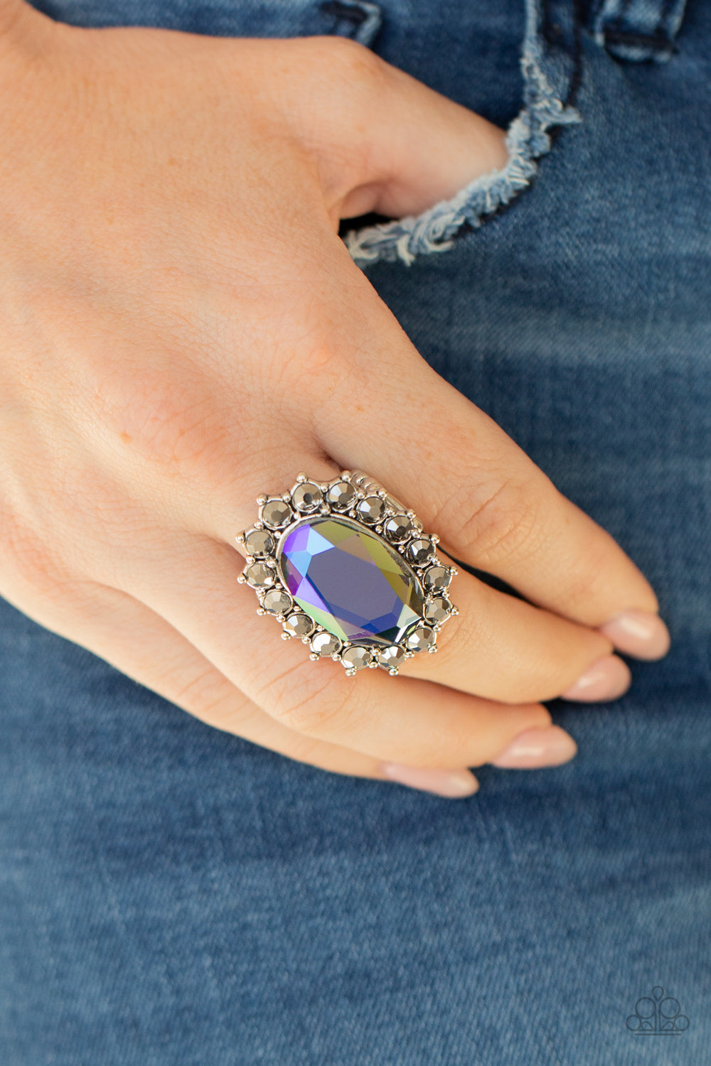 BLING OF ALL BLING - BLUE IRIDESCENT OIL SPILL OVAL RHINESTONE RING