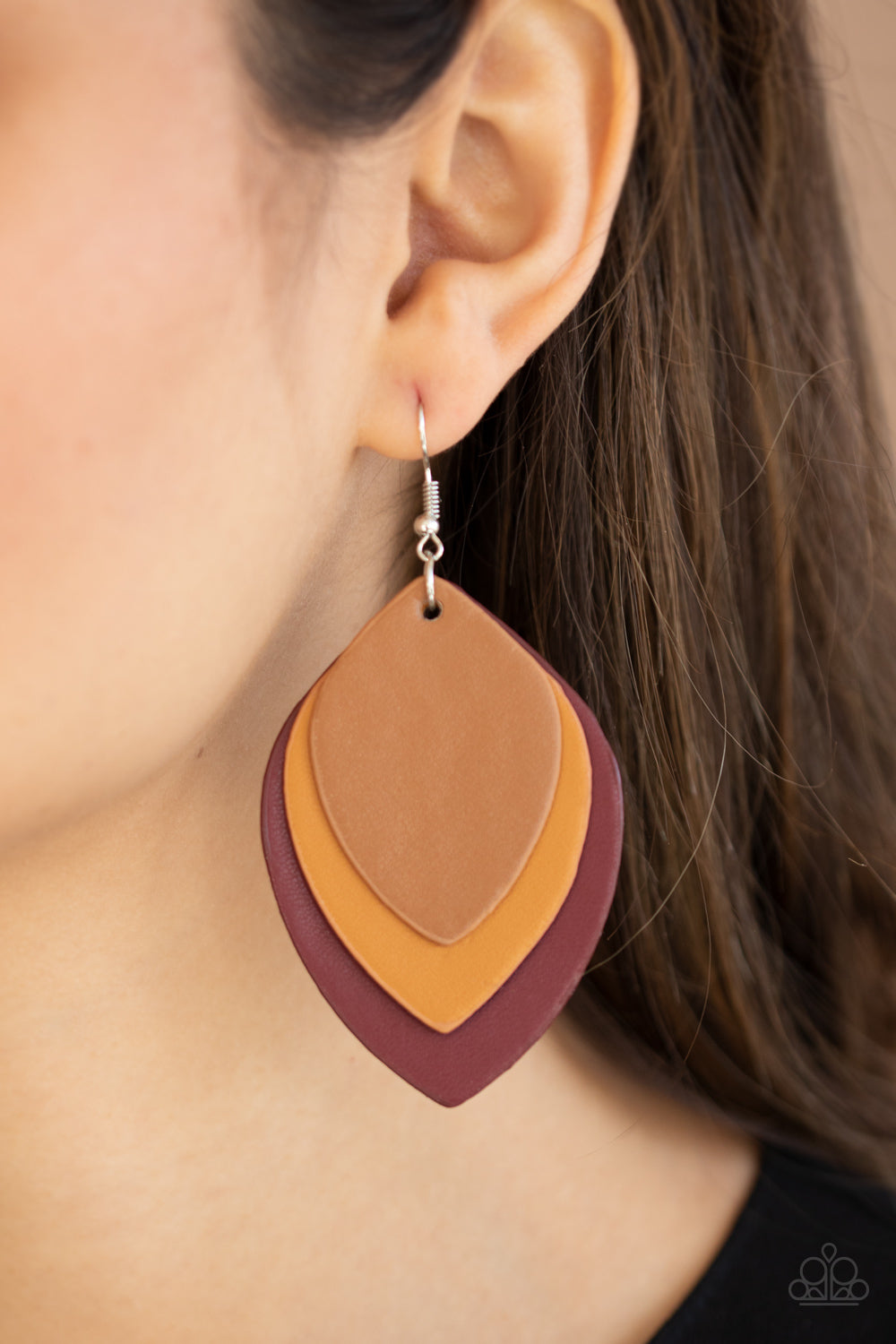 LIGHT AS A LEATHER - RED TAN BROWN 3 LAYER LEATHER LEAF EARRINGS