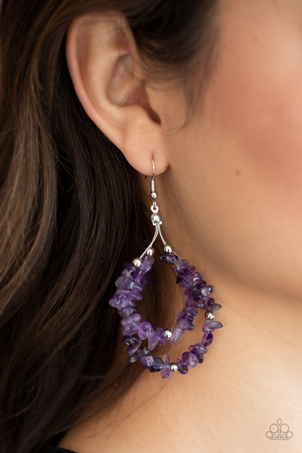 CANYON ROCK ART - PURPLE AMETHYST STONES CHIP DOUBLE LAYER HOOP EARRINGS