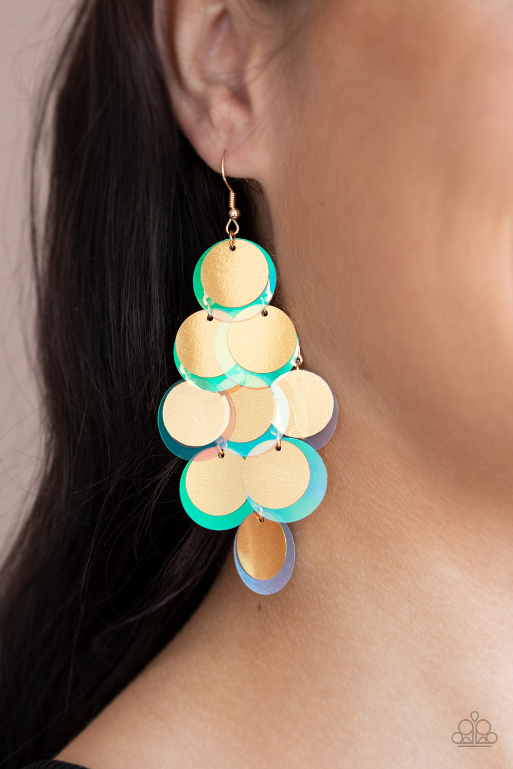 SEQUIN SEEKER - GOLD DISCS IRIDESCENT SEQUINS CHIME CASCADE EARRINGS
