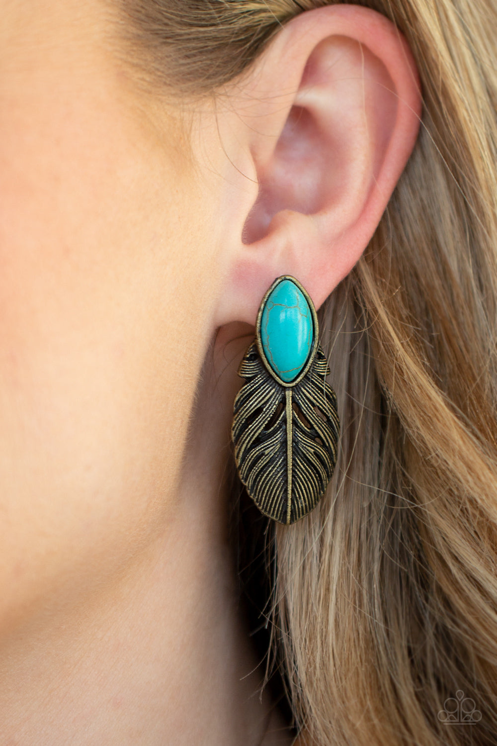 RURAL ROADRUNNER - BRASS FEATHER OVAL BLUE TURQUOISE DOUBLE POST EAR JACKET EARRINGS