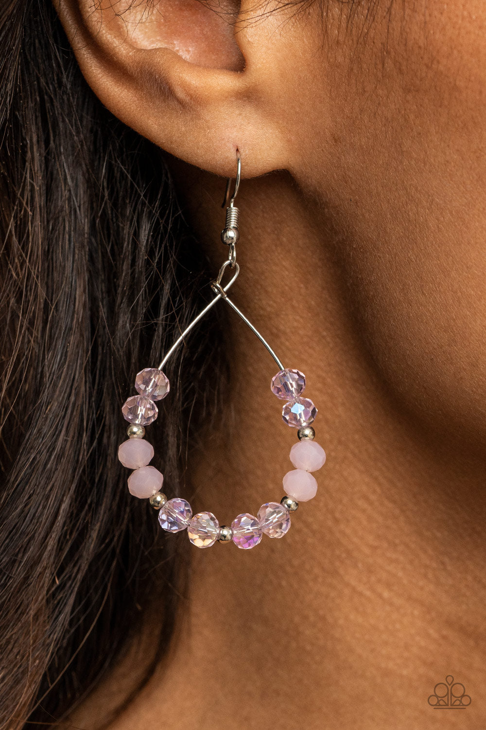 WINK WINK - PINK SLIDING IRIDESCENT BEADS SILVER WIRE TEARDROP EARRINGS