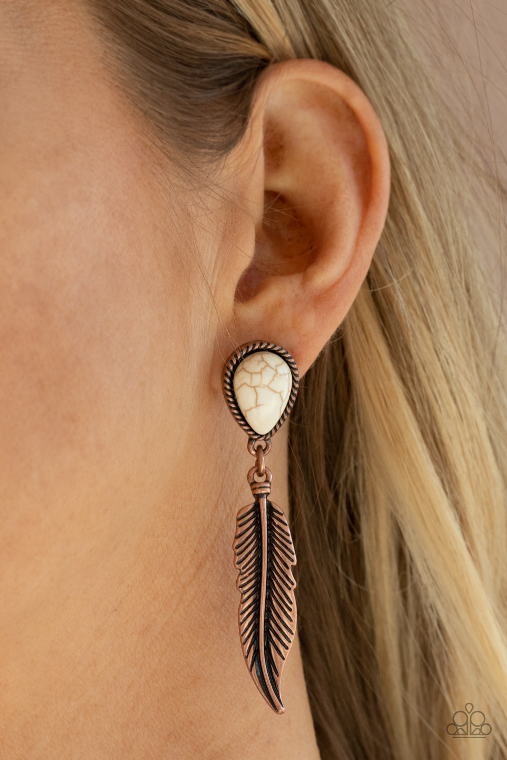 TOTALLY TRAN-QUILL - COPPER FEATHER PENDANT WHITE TURQUOISE TEARDROP POST EARRINGS
