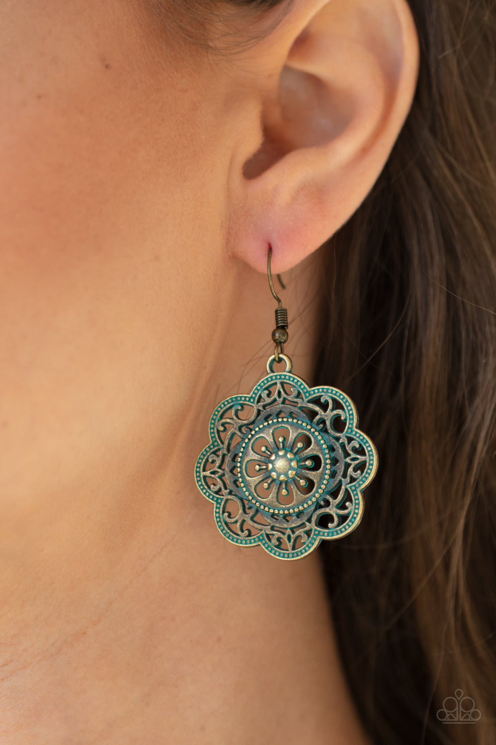 WESTERN MANDALAS - BRASS FLORAL PATINA MEDALLION PENDANT EARRINGS