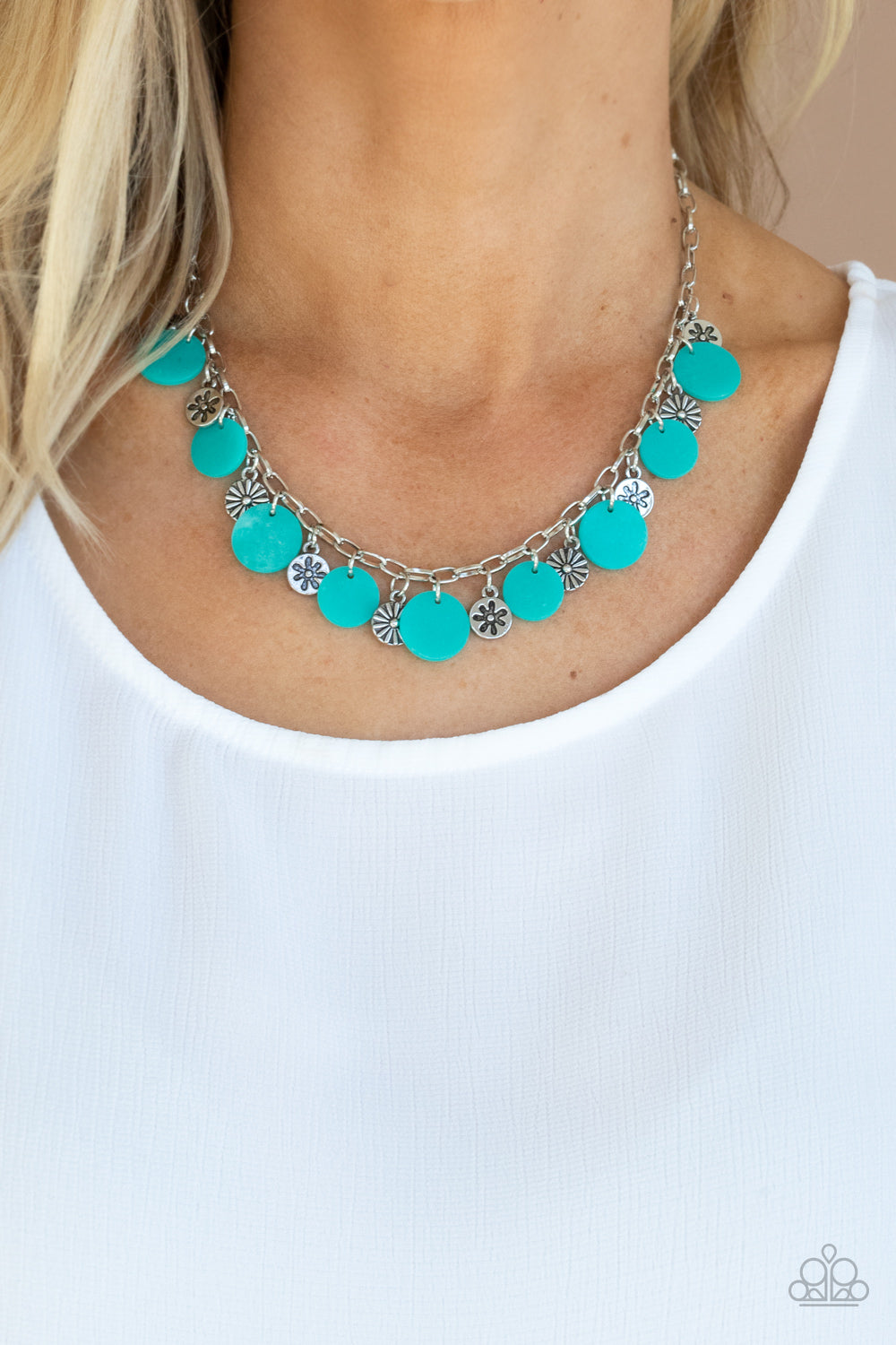 FLOWER POWERED - BLUE FLORAL SHELL TURQUOISE FRINGE NECKLACE