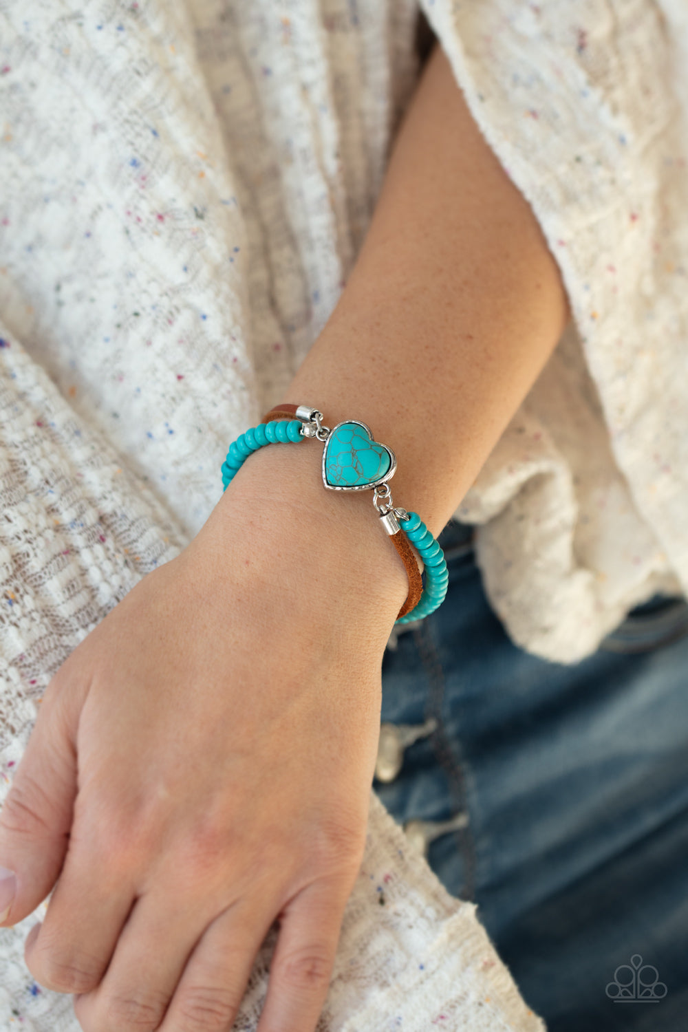CHARMINGLY COUNTRY - BLUE TURQUOISE AND SUEDE HEART BRACELET