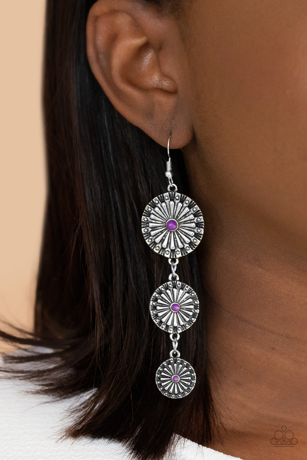 FESTIVELY FLORAL - PURPLE BEADS GRADUATING SILVER FLOWERS LONG EARRINGS