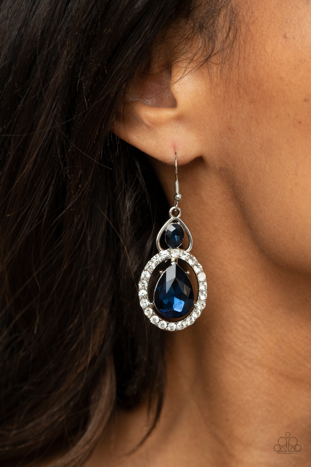 DOUBLE THE DRAMA - BLUE SAPPHIRE RHINESTONES TEARDROP SILVER CIRCLE PENDANT EARRINGS