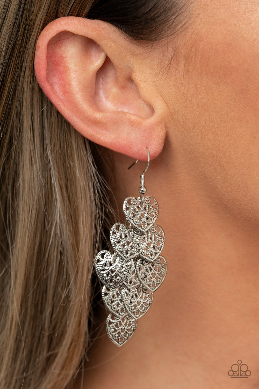 SHIMMERY SOULMATES - SILVER FILIGREE HEART CASCADE EARRINGS