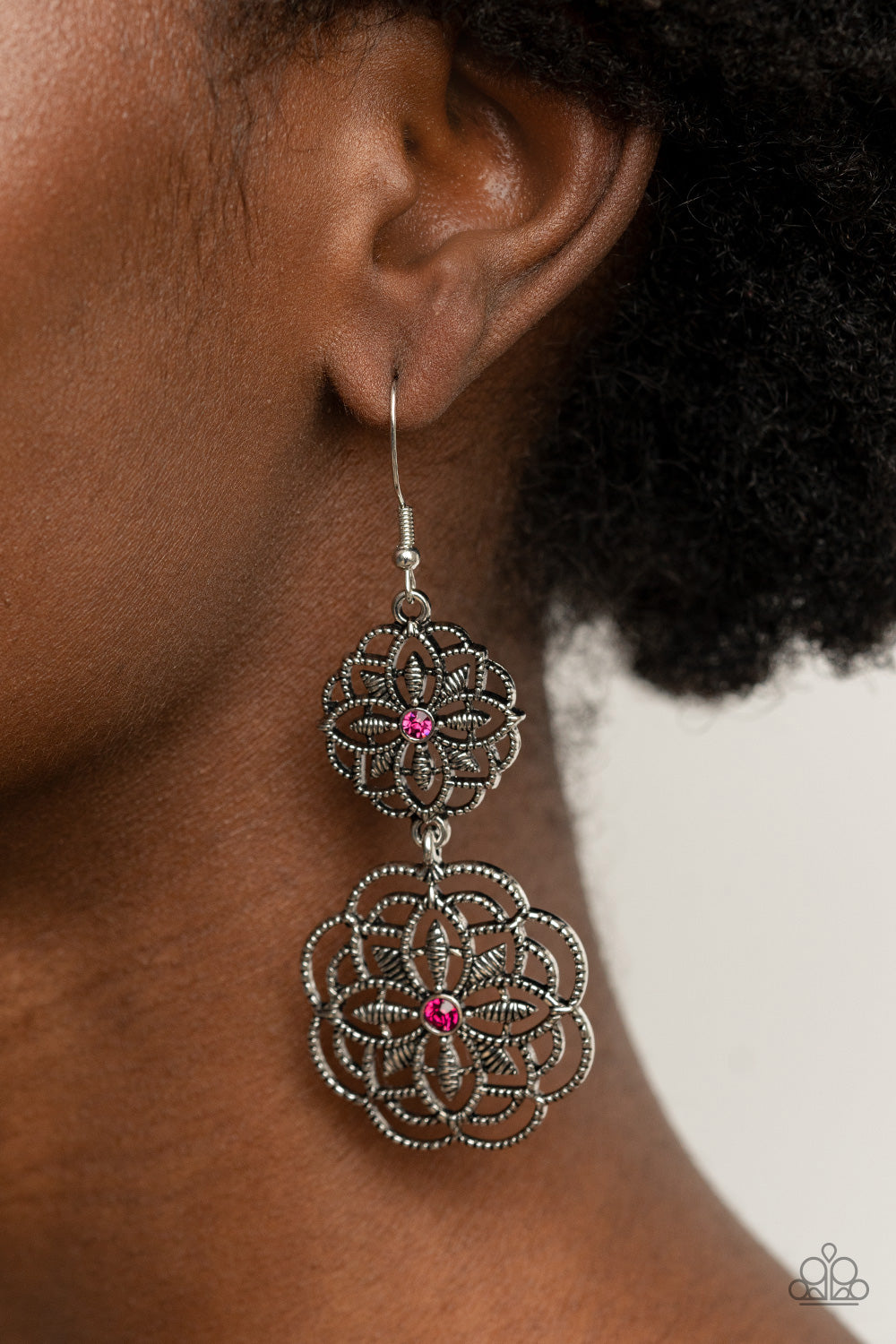 MANDALA MECCA - PINK RHINESTONE DOUBLE FLORAL CIRCLE PENDANT EARRINGS