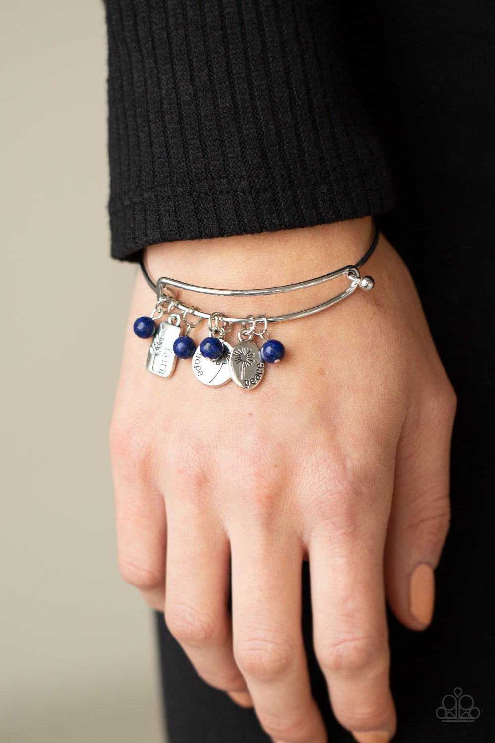 GROWING STRONG - BLUE INSPIRATIONAL CHARMS BANGLE BRACELET