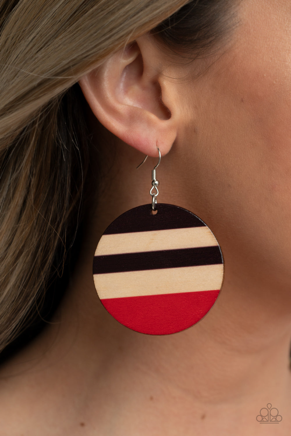 YACHT PARTY - RED BROWN TAN CIRCLE WOODEN EARRINGS