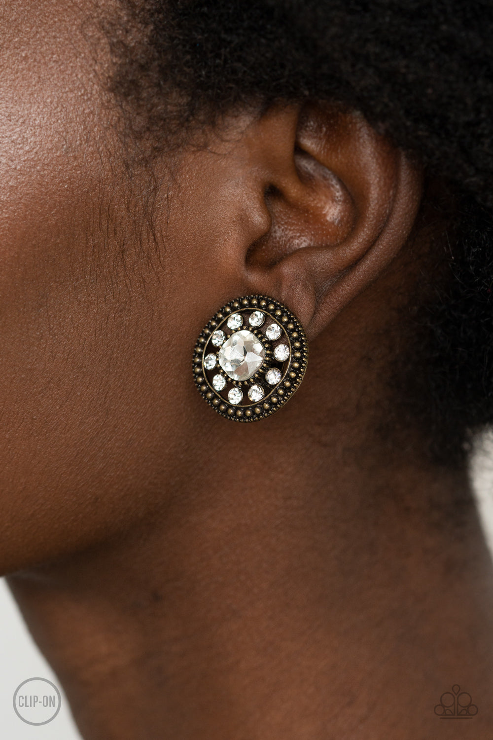 DAZZLING DEFINITION - BRASS CLEAR RHINESTONES BUTTON CLIPON EARRINGS