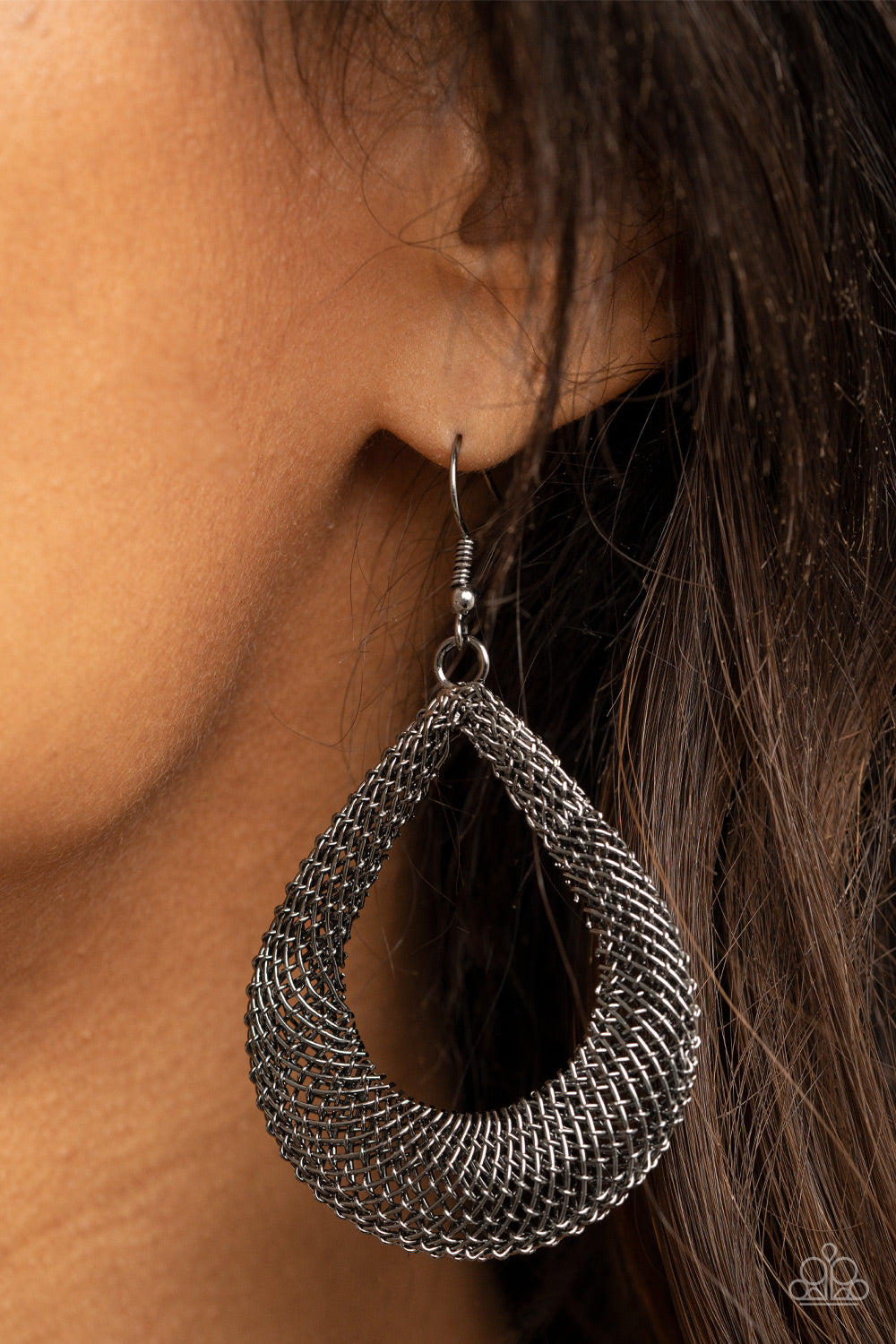 A HOT MESH - BLACK GUNMETAL MESH TEARDROP HOOP EARRINGS