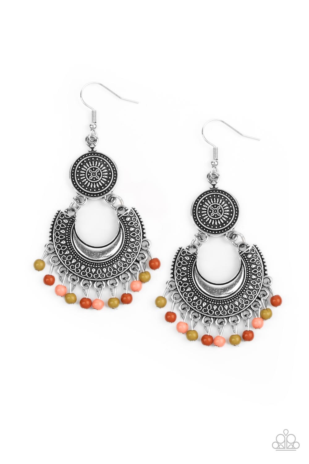 YES I CANCUN - MULTI GREEN TAN ORANGE EARTH TONE BOHO SILVER FRINGE EARRINGS